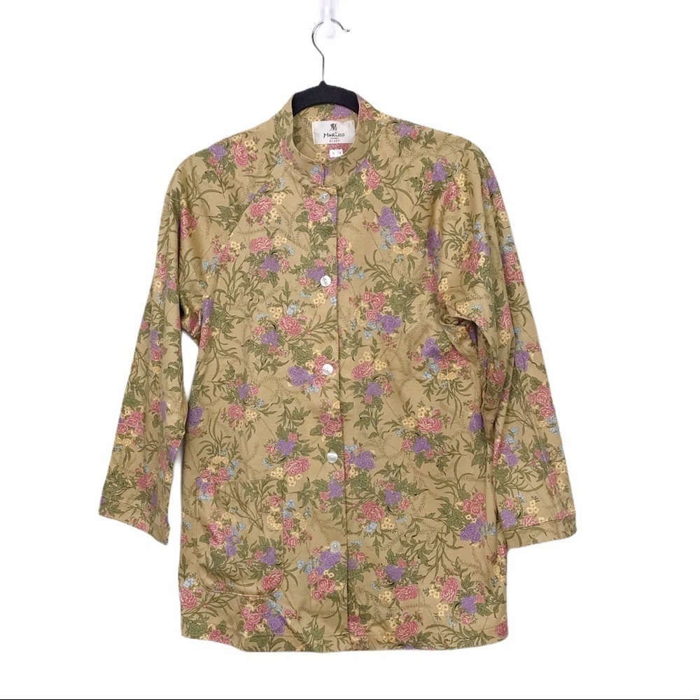 Mariko London Sleep Tan Floral Button Front Pajama Shirt - Picture 3 of 9
